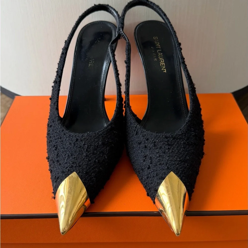 Saint Laurent Vesper Black Tweed Slingback Pointed-Toe Heels w/Gold Cap Toe 37 - Picture 2 of 7